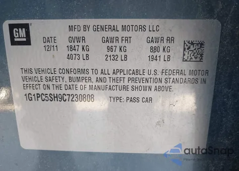 2012 Chevrolet Cruze Ls from USA, damaged, VIN 1G1PC5SH9C7230808